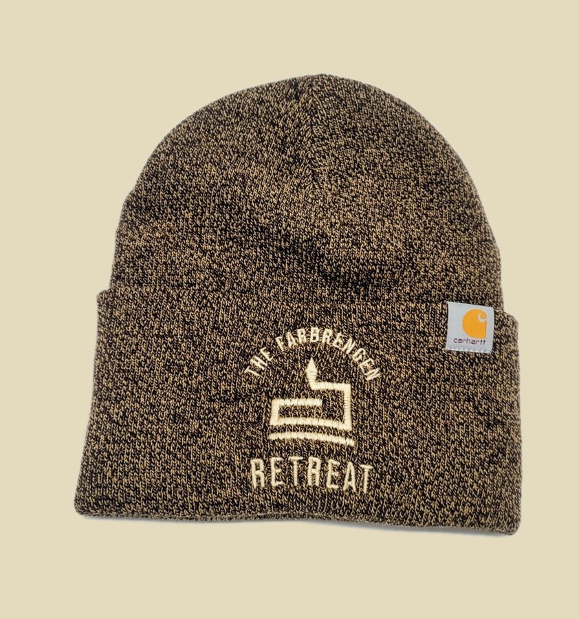 Brown knit beanie with a cream embroidered logo
