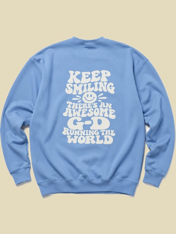 Light blue crewneck with a large printed back design