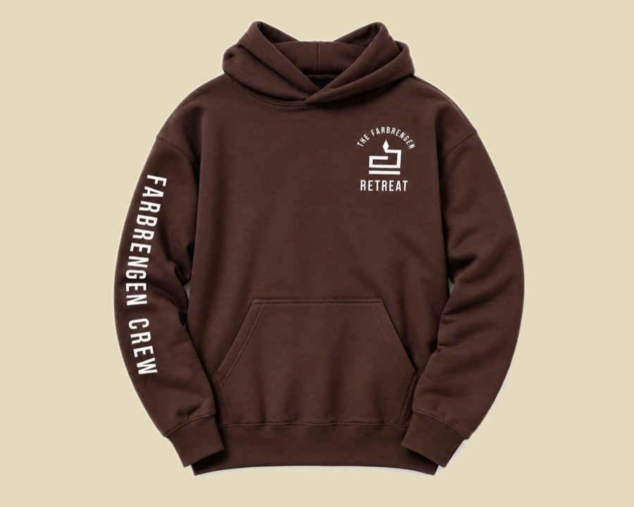 Brown hoodie with a printed sleeve and left-chest logo